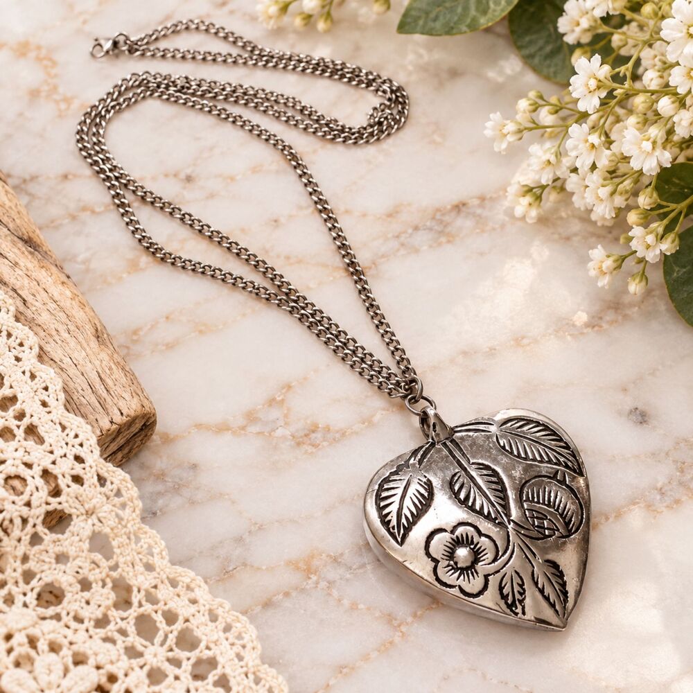 Vintage Silver Tone Heart Pendant Necklace 40" Long Embossed Floral Boho
